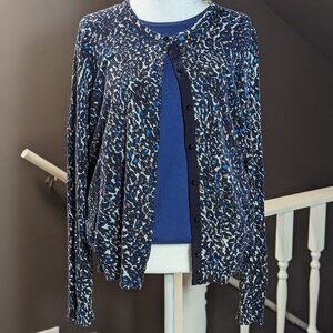 Ann Taylor Animal Print Cardigan Sweater Set, Navy/Royal Blue multi, Shell Size